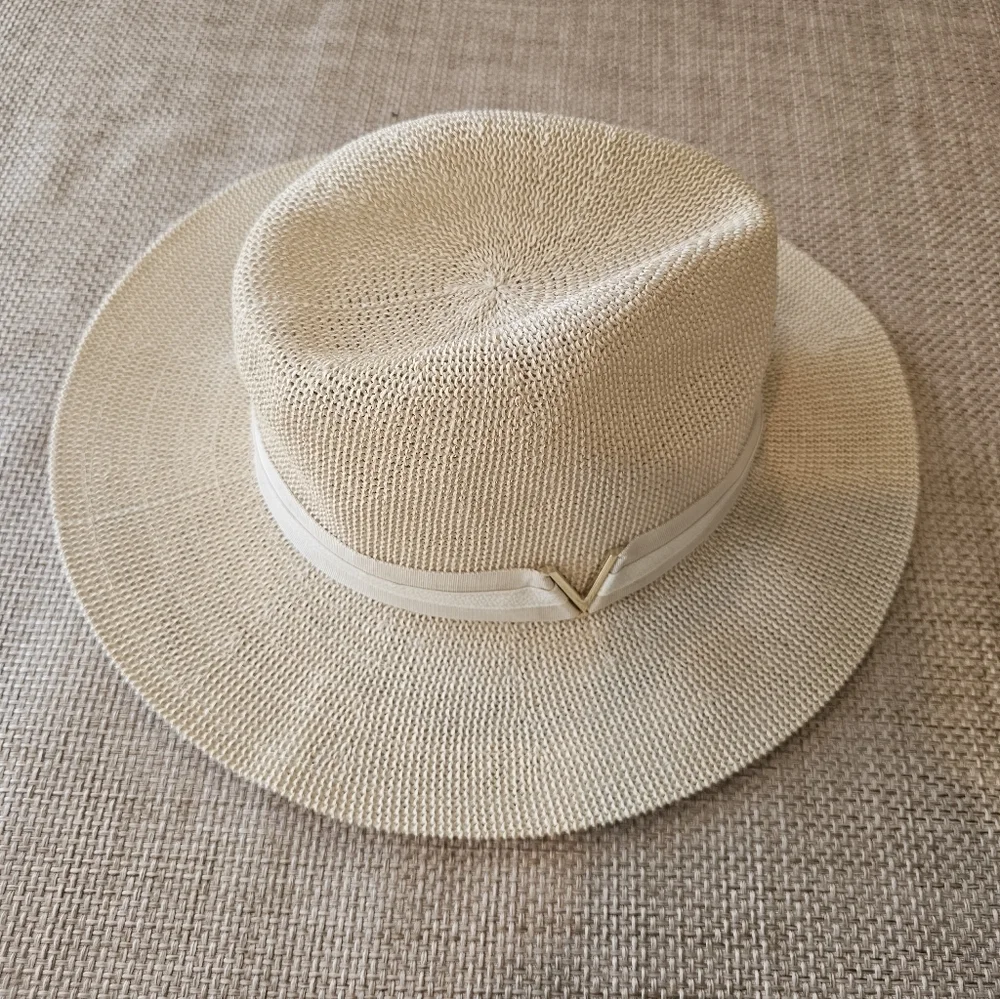 Vince Camuto Straw Panama Hat Beige Wide Brim Boho Summer